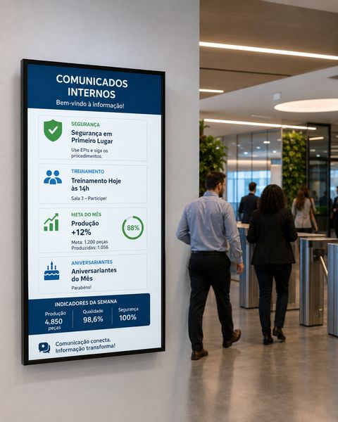 Tela de comunicados internos no corredor de um escritório, exibindo avisos de segurança, treinamento, metas e aniversariantes