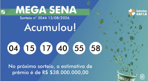 Widget da Mega-Sena mostrando o número do concurso, as seis dezenas sorteadas e a estimativa de prêmio do próximo sorteio